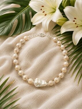 🆕❤️🍁Elegant Genuine Cream Freshwater Pearl Crystal Solitaire Necklace